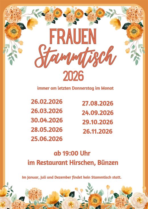 Flyer: Frauen-Stammtisch 2026, jeden letzten Donnerstag im Monat ab 19 Uhr im Restaurant Hirschen, mit allen Daten.